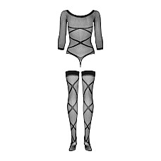 Бодистокинг Obsessive Bodystocking G320 S/M/L, чулки, боди, декор в виде линий