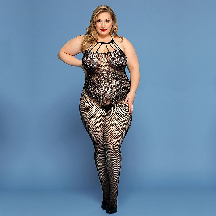 Сетчатый бодистокинг JSY «Откровенная Мадлен» Plus Size, Black, имитация боди, кружево, доступ