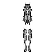 Бодістокінг Obsessive Bodystocking F240 S/M/L,чорний, мереживний візерунок, імітація боді з панчохами