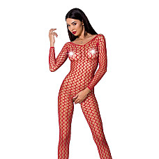 Бодістокінг Passion BS068 red, комбінезон, велика сітка, довгий рукав