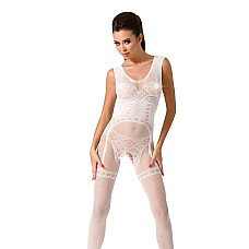 Бодістокінг Passion BS052 white, комбінезон, імітація корсета з підтяжками, панчох і трусиків