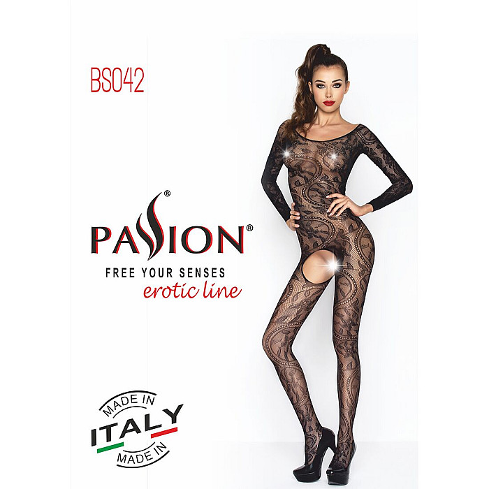 Бодістокінг Passion BS042 black, комбінезон, довгий рукав, закрите плече