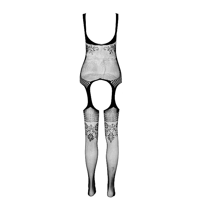 Бодистокинг Passion ECO BS008 black, с доступом, флористический декор, имитация подвязок