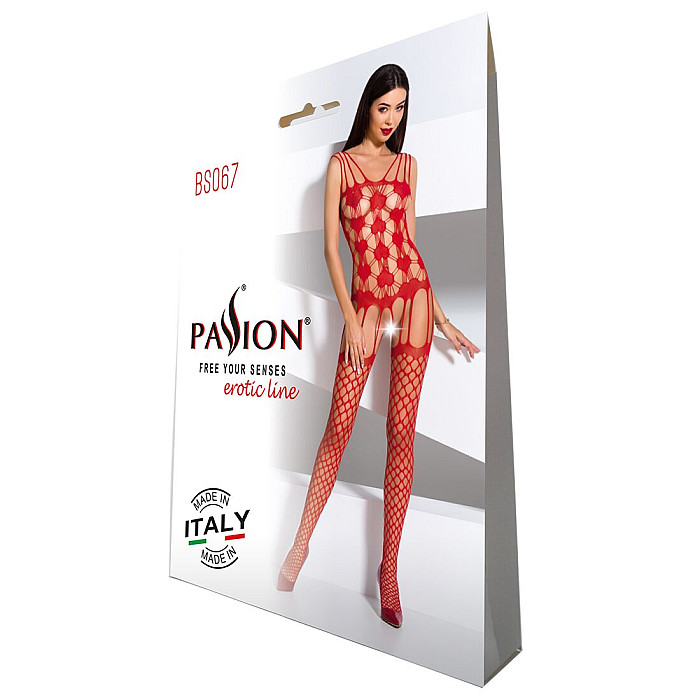 Бодистокинг Passion BS067 red, комбинезон, имитация чулок и топа на бретелях