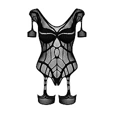 Нейлоновый бодистокинг с имитацией гартер Obsessive Bodystocking G334 S/M/L, black, с доступом