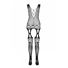 Бодістокінг з плетінням на грудях Passion BS099 One Size, black, відкритий доступ, імітація підв’язо