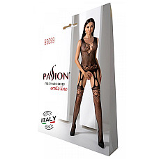 Бодістокінг з плетінням на грудях Passion BS099 One Size, black, відкритий доступ, імітація підв’язо