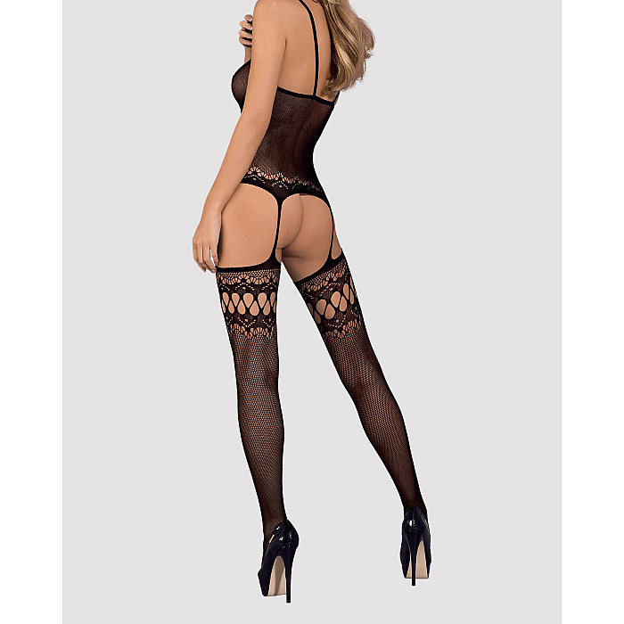 Бодістокінг Obsessive Bodystocking F214 black S/M/L, імітація корсета та панчіх на підв’язках