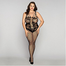 Сетчатый бодистокинг JSY «Нежная Люси» Plus Size, black, имитация боди, имитация шнуровки