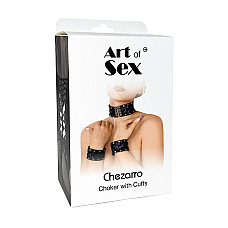Кожаный чокер с манжетами Art of Sex - Leather Chezarro