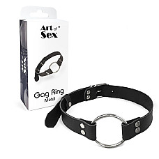 Кляп металлическое кольцо на ремнях Art of Sex – Gag Ring Metal, черный, натуральная кожа