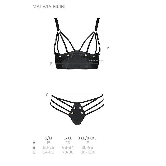 Комплект из эко-кожи с люверсами и ремешками Passion MALWIA BIKINI L/XL, black, бра и трусики