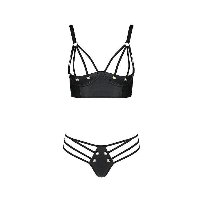 Комплект из эко-кожи с люверсами и ремешками Passion MALWIA BIKINI L/XL, black, бра и трусики