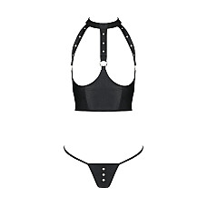 Комплект белья с открытой грудью Passion GENEVIA SET WITH OPEN BRA S/M black, корсет, стринги