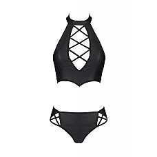 Комплект из экокожи Passion NANCY BIKINI 6XL/7XL black, бра и трусики с имитацией шнуровки