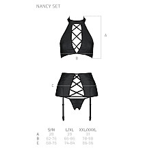 Комплект из эко-кожи с имитацией шнуровки Passion NANCY SET S/M black, топ, трусики, пояс для чулок