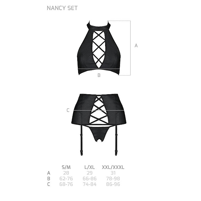 Комплект из эко-кожи с имитацией шнуровки Passion NANCY SET S/M black, топ, трусики, пояс для чулок