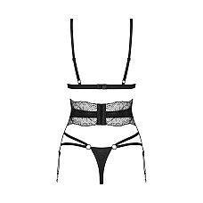 Комплект Obsessive Lobellis 3-pcs set, XS/S, черный, лиф с мягкой чашкой, стринги, пояс для чулок