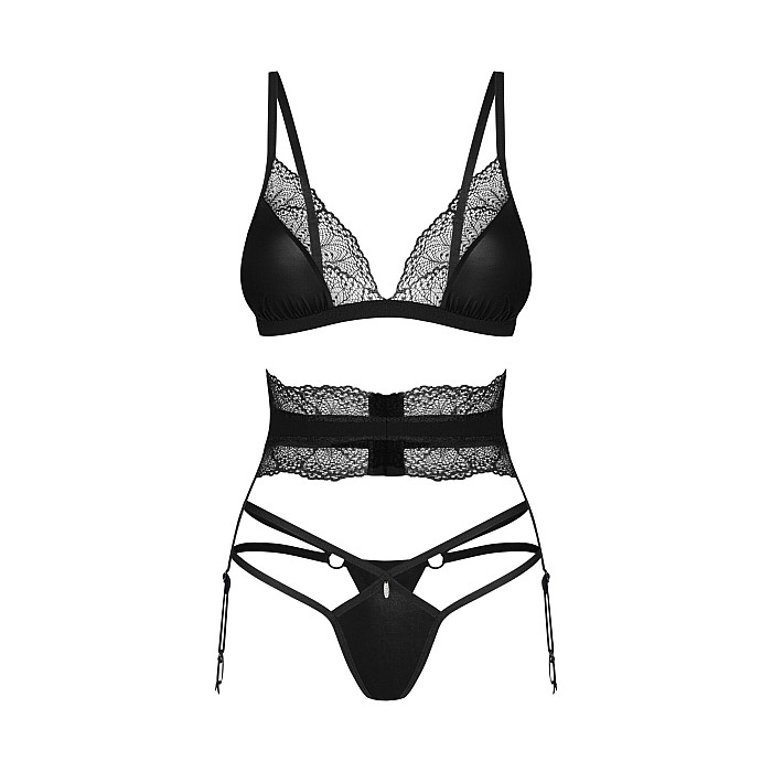 Комплект Obsessive Lobellis 3-pcs set, XS/S, черный, лиф с мягкой чашкой, стринги, пояс для чулок