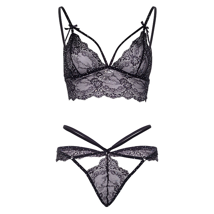 Еротичний комплект зі стрепами та стразами Leg Avenue Ready Or Not S Black, бра + стрінги