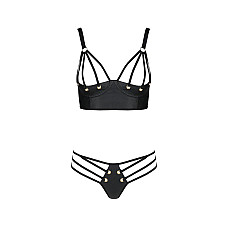 Комплект из эко-кожи с люверсами и ремешками Passion MALWIA BIKINI S/M, black, бра и трусики