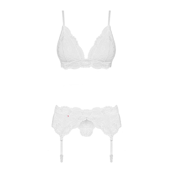 Мереживний комплект білизни Obsessive 810-SEG-1 L/XL White, бюстгальтер, стрінги, пояс для панчіх