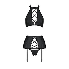 Комплект из эко-кожи имитация шнуровки Passion NANCY SET XXL/XXXL black топ трусики пояс для чулок