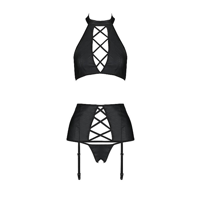 Комплект з еко-шкіри імітація шнурівки Passion NANCY SET XXL/XXXL black топ трусики пояс для панчіх