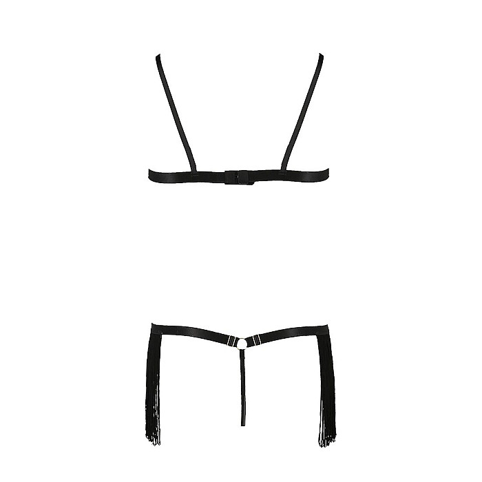 Комплект белья Passion Exclusive KASSANDRA SET OpenBra S/M, black, лиф из бахромы, трусики-юбка