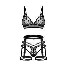 Комплект Obsessive Blomentis 3-pcs set, XS/S, мягкий лиф, стринги со стрепами, пояс с гартерами