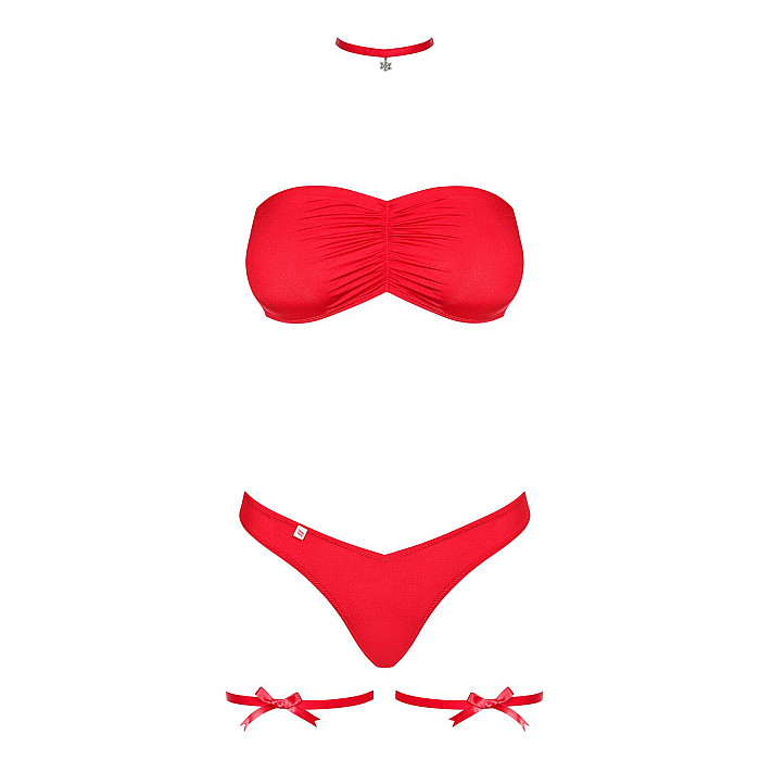 Комплект Obsessive Kissmas Set, L/XL, красный, мягкий лиф, трусики со сборкой, чокер и гартеры