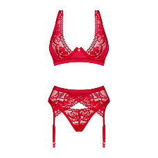 Комплект белья Obsessive Lacelove cupless 3pcs set XS/S Red, бюстгальтер, стринги, пояс для чулок