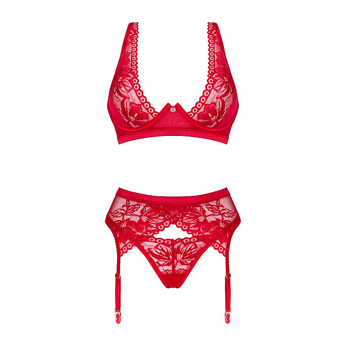 Комплект белья Obsessive Lacelove cupless 3pcs set XS/S Red, бюстгальтер, стринги, пояс для чулок