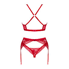 Комплект белья Obsessive Lacelove cupless 3pcs set XS/S Red, бюстгальтер, стринги, пояс для чулок