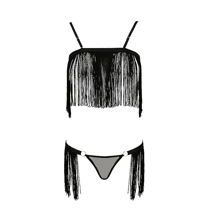 Комплект белья Passion Exclusive KASSANDRA SET OpenBra 2XL/3XL, black, лиф из бахромы, трусики-юбка