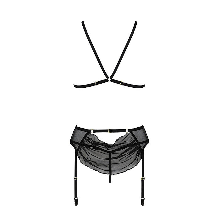 Комплект з відкритим доступом Passion DELIENA SET S/M black, ліф, стрінги, пояс для панчіх