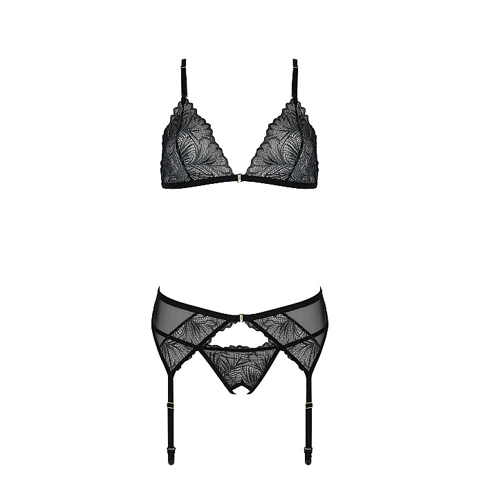 Комплект з відкритим доступом Passion DELIENA SET S/M black, ліф, стрінги, пояс для панчіх