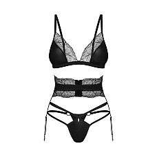 Комплект Obsessive Lobellis 3-pcs set, XL/2XL, черный, лиф с мягкой чашкой, стринги, пояс для чулок
