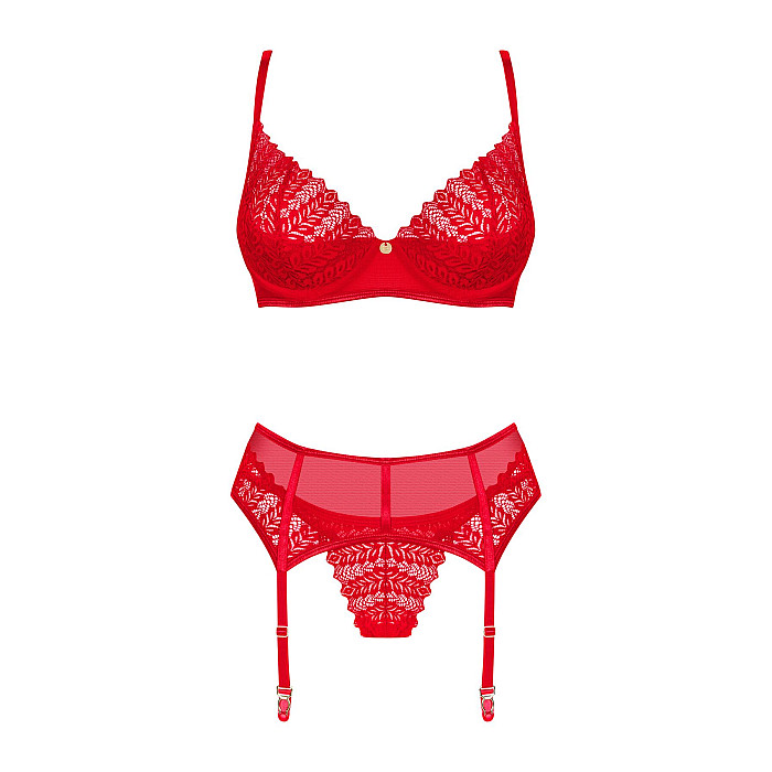 Комплект Obsessive Ingridia 3-pcs set XS/S, красный, бюстгальтер, стринги, пояс