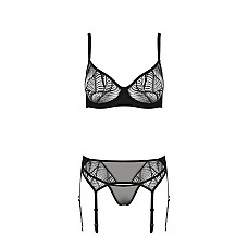 Комплект Passion LEAFA SET black, L/XL, кружево+сетка, бюстгальтер на косточках, стринги, пояс для чулок