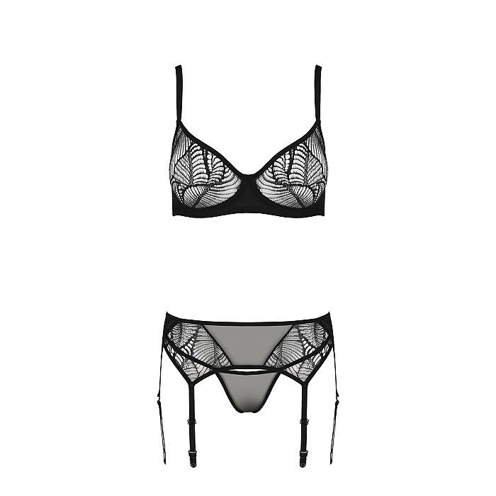 Комплект Passion LEAFA SET black, L/XL, кружево+сетка, бюстгальтер на косточках, стринги, пояс для чулок