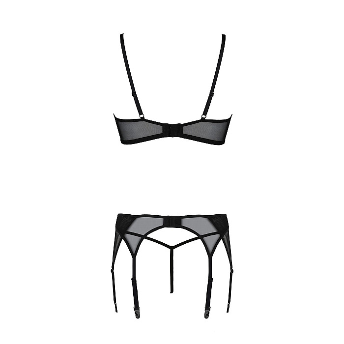 Комплект Passion LEAFA SET black, L/XL, кружево+сетка, бюстгальтер на косточках, стринги, пояс для чулок