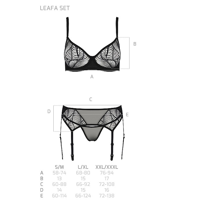 Комплект Passion LEAFA SET black, L/XL, кружево+сетка, бюстгальтер на косточках, стринги, пояс для чулок