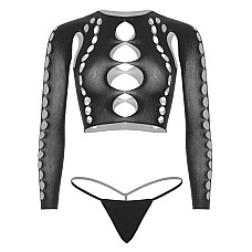 Комплект бесшовного белья Leg Avenue Long sleeve crop top & string Black, One Size, топ, стринги