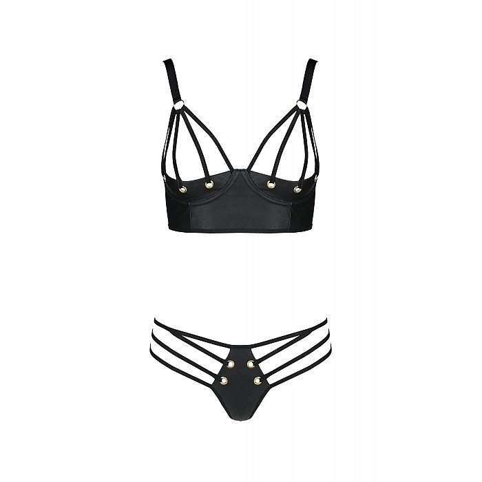 Комплект з екошкіри Passion MALWIA BIKINI 4XL/5XL black, з люверсами та ремінцями, бра, трусики