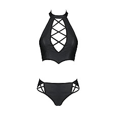 Комплект из эко-кожи Passion NANCY BIKINI L/XL, black, бра и трусики с имитацией шнуровки