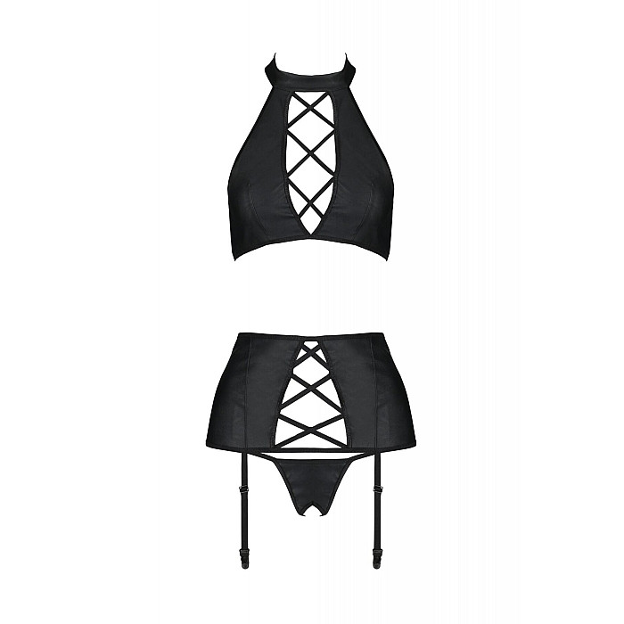 Комплект из экокожи Passion NANCY SET 4XL/5XL black, имитация шнуровки, топ, пояс для чулок