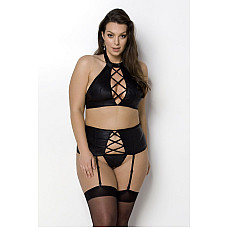 Комплект из экокожи Passion NANCY SET 4XL/5XL black, имитация шнуровки, топ, пояс для чулок