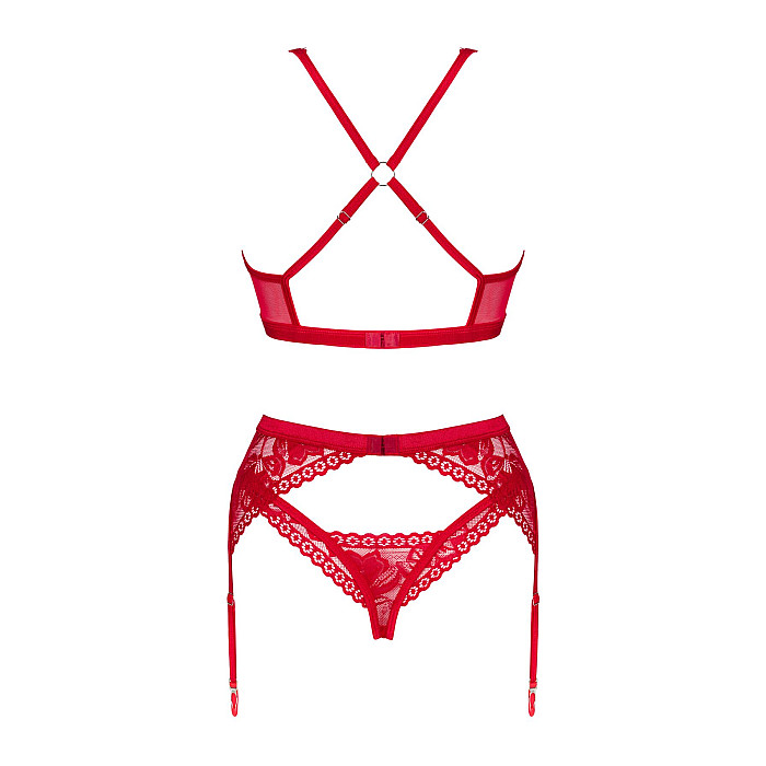 Комплект білизни Obsessive Lacelove cupless 3-pcs set M/L Red, бюстгальтер, стрінги, пояс для панчіх