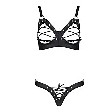 Комплект из экокожи Passion CELINE BIKINI L/XL, black, открытый бра с лентами, стринги со шнуровкой